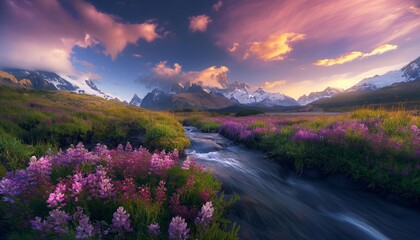 AI generator image of large wildflowers with a stream leading to patagonia mountain peaks