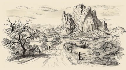 Fototapeta premium Pencil Sketch of a Mountainous Landscape with a Winding Road