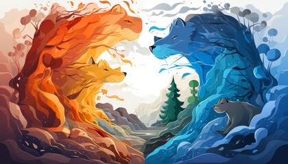 colorful progressive transitions representing abstract evolution flat design front view dynamic theme cartoon drawing Splitcomplementary color scheme