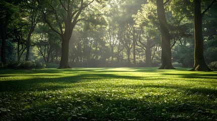 Obraz premium A beautiful green park with trees and grass, sunlight shining through the leaves onto the lush lawn. The background is a wide open space of green meadow.