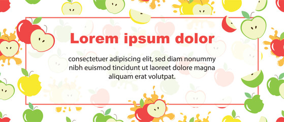 Different colors of apples vector Banner Template. Apples concept flyer, layout, banner or card text template. Red, green and yellow apples pattern. Apple pieces and slices texture printable design.