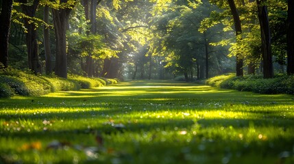 A beautiful green park with trees and grass, sunlight shining through the leaves onto the lush lawn. The background is a wide open space of green meadow.