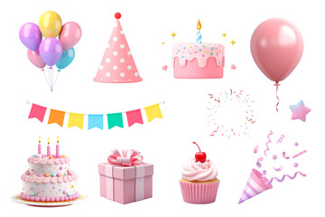 3D birthday party png element set, transparent background