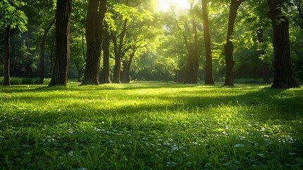 A beautiful green park with trees and grass, sunlight shining through the leaves onto the lush lawn. The background is a wide open space of green meadow.