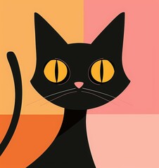 Obraz premium cute black cat with yellow eyes on a pink background with the text 