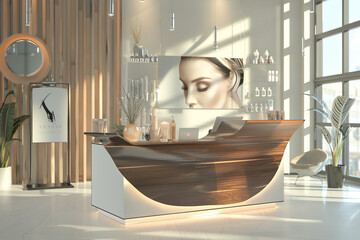 A modern and stylish reception area of a beauty salon, with a wooden and white curved desk. The space is well-lit with a large portrait of a woman's face on the wall, creating an inviting atmosphere.