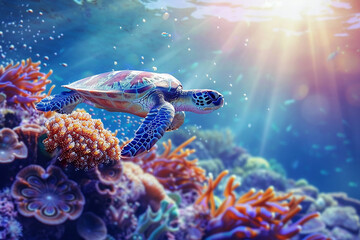 Obraz premium An underwater scene with a sea turtle swimming among coral reefs under sunlight. The image showcases marine life and the beauty of underwater ecosystems. Concept of ocean conservation and wildlife.
