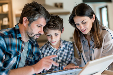 A family of three, including a father, mother, and young son, gathered around a tablet. They appear to be engaged in an educational or fun activity, emphasizing family bonding and togetherness.