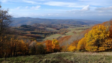 Fototapeta premium Colorful autumn landscape with hills and forests