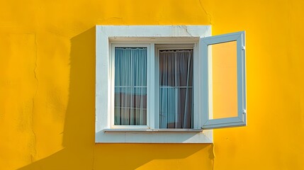 A clean and bright open window with a crisp white frame, set against a pastel yellow wall, embodying a fresh and airy feel. The light filtering through the window adds a warm.