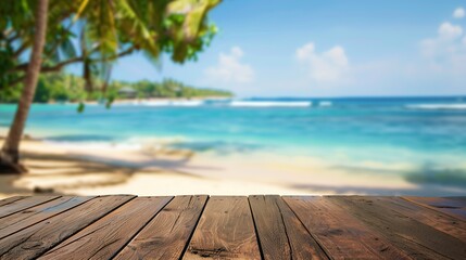 Empty wooden table with tropical beach on blurred background, ocean view, space for text