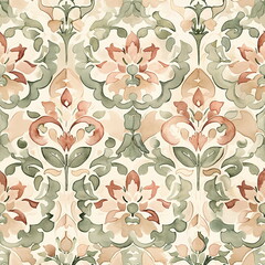 Venetian pattern in Terracotta, beige, and sage green, watercolour style, seamless pattern, vintage, interior tile ornament, textile, wrapping paper, clothes, print, floor, kitchen, bathroom, decor