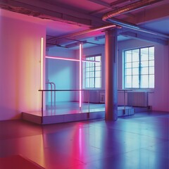 neon blue and pink lights illuminate the dance studio, reflecting off the smooth floor, while the vibrant hallway beckons with dynamic energy and motion.