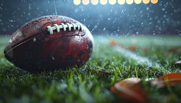 American Football on a Wet Grass Field