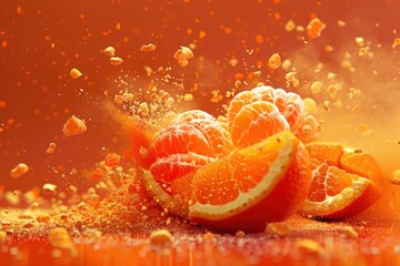 Mandarin chaos with an explosion of colors on a fuzzy orange background