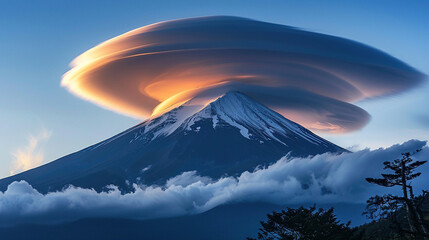 Rare lenticular cloud formation on a mountain peak