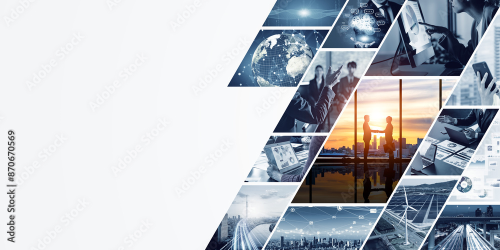 Poster collage background visual of various business scenes and technology concepts. management strategy. d