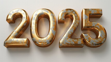 3D chrome metallic golden number 2025 with a Christmas theme on a white background, isolated