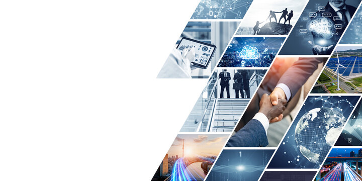 Collage background visual of various business scenes and technology concepts. Management strategy. Digital transformation.