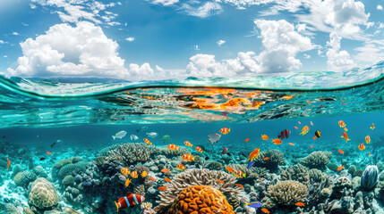 bottom view is A vibrant coral reef with colorful fish swimming around, showcasing the beauty of underwater life and marine wildlife