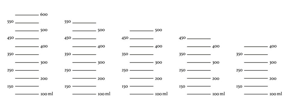 Set of scales 600, 550, 500, 450, 400 ml liquid volume. Measuring milliliters cup, jug to preparing cooking. Graphic template isolated on white background.