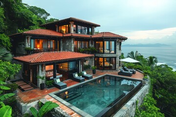 Luxury beach house perched high on cliffs, infinity pool blending into the sea, crystal-clear water inviting swimmers, palm trees swaying in the tropical breeze.