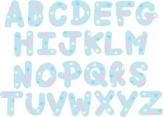Pastel blue, A-Z alphabet design with star pattern for font, typography, letter, calligraphy, text, message, campaign badge, logo, icon, initials, shirt print, cute patches, pet names, brooch, sticker