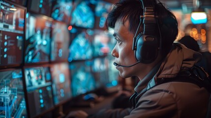 A focused security guard wearing headphones, sitting in front of multiple monitors displaying real-time footage from various areas within the facility.