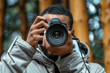 Fototapeta premium man hand holding camera looking through lens. ai generated