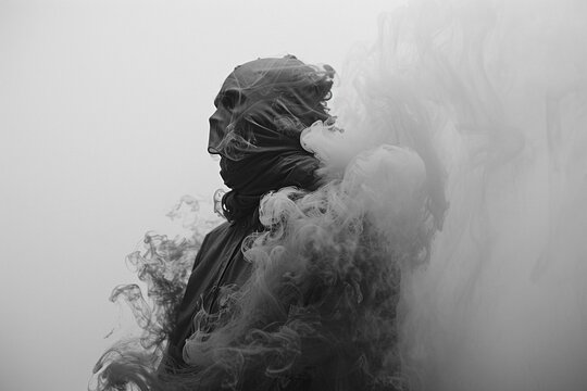 AI generated illustration of a mysterious figure shrouded in smoke in grayscale