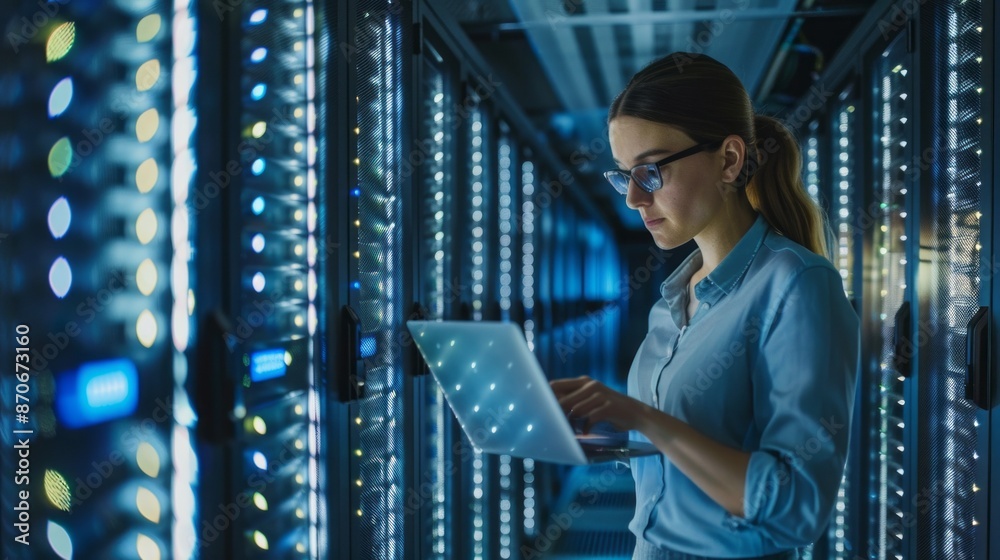 Poster a female server engineer works intently on a laptop in a server room. the glowing lights of the serv