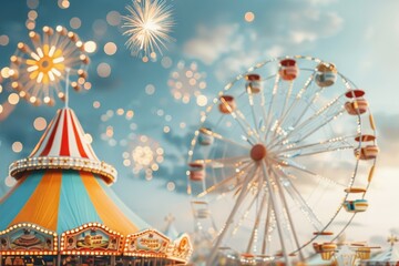 Bright and vibrant carnival scene with a Ferris wheel and carousel, set against a festival atmosphere with fireworks lighting up the sky.
