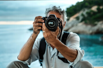 Obraz premium man hand holding camera looking through lens. ai generated