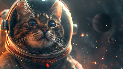 illustration of realistic astronaut cat in space