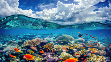 bottom view is A vibrant coral reef with colorful fish swimming around, showcasing the beauty of underwater life and marine wildlife