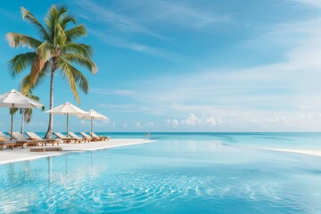 Fototapeta premium Tropical beach paradise with palm trees, sun loungers, and an infinity pool overlooking the ocean. Perfect vacation destination for relaxation.