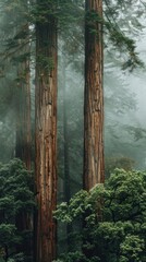 Tall redwood trees in a misty forest, tranquil nature scene