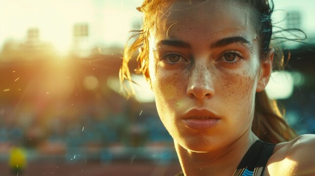 A close-up of a determined female athlete preparing to sprint, with a blurred stadium backdrop and bright sunlight creating an inspiring and motivational atmosphere