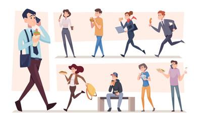 Snack people. Quick snacks every day eating at daily routine processes snacks on work exact savory bites on go vector illustrations