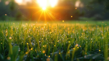 A peaceful meadow at sunrise with dew-covered grass, representing new beginnings and the beauty of morning.