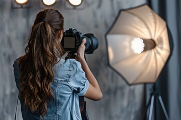 Happy Woman Holding Camera Taking Photo Indoors. ai generated
