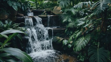 Obraz premium A Tranquil Waterfall Amidst Lush Greenery
