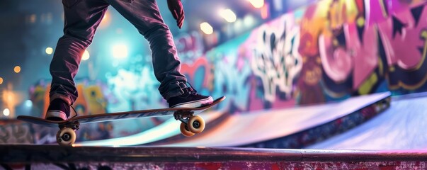 Focus on a person skateboarding in a modern urban skate park