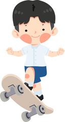 Kid student boy jumping on skateboard