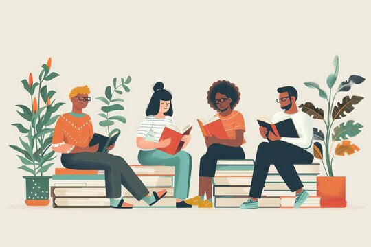 Back to school, book club discussing summer reads, flat design illustration