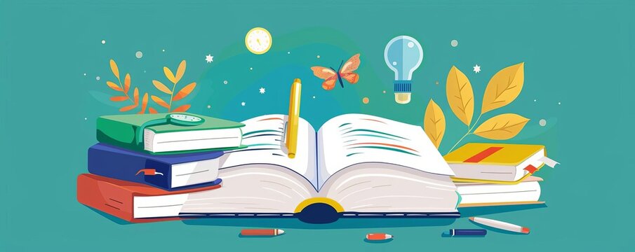 Back to school, book lovers writing book reviews, flat design illustration