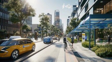 Obraz premium A pedestrian-friendly city center with wide sidewalks, bike-sharing stations, and zero-emission electric taxis.
