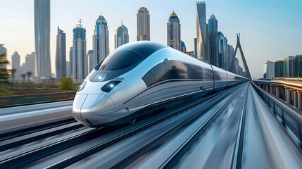 Fototapeta premium A high-speed train is driving on the bridge, with city buildings in behind it. The exterior of the white and silver bullet-shaped carriage features streamlined lines.