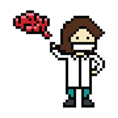Fototapeta premium Cute pixel cartoon 8bit character woman doctor or scientist game care for decoration pharmacist female doctor in hospital 8 bit male pixel art PNG vector.