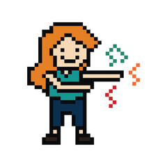 Obraz premium Cute pixel cartoon 8bit character woman exercises training dance lifestyle music decoration life style 8 bit female girl dance with music game fitness isolated PNG vector.